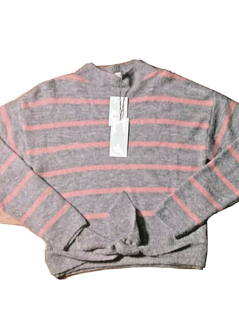 WAYF Sweater XS Women Light Grey Pink Striped Mock Neck Tie Waist Knit